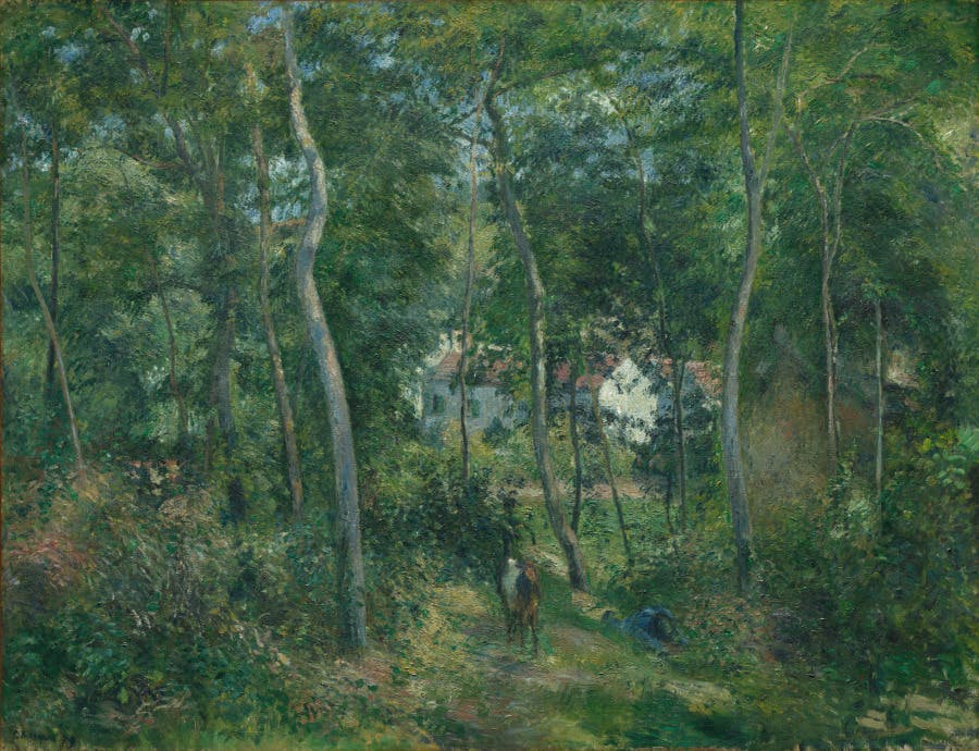 A painting of a densely wooded green landscape with a white house partially visible through the foliage.